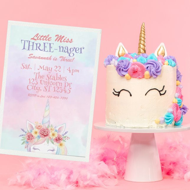 Little Miss Three-nager, Unicorn 3rd Birthday Invitation (Creator Uploaded)
