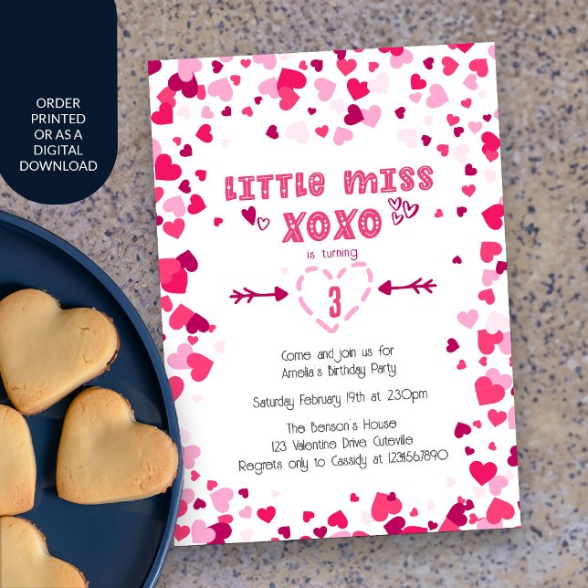 Little Miss XOXO Pink Love Hearts Girls Birthday Invitation (Little Miss XOXO Bright Pink Girls Birthday Invitation)