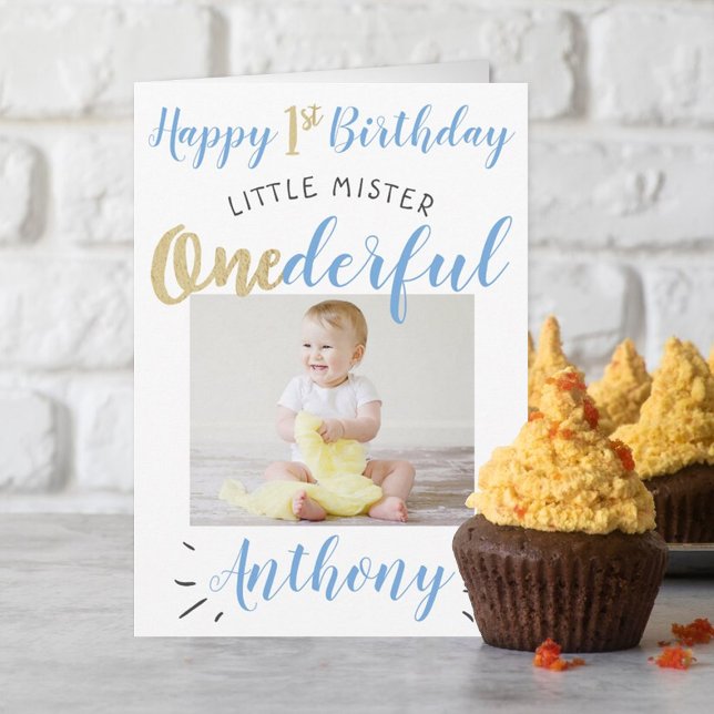 Little Mister Onederful 1st Birthday Photo Card (Creator Uploaded)
