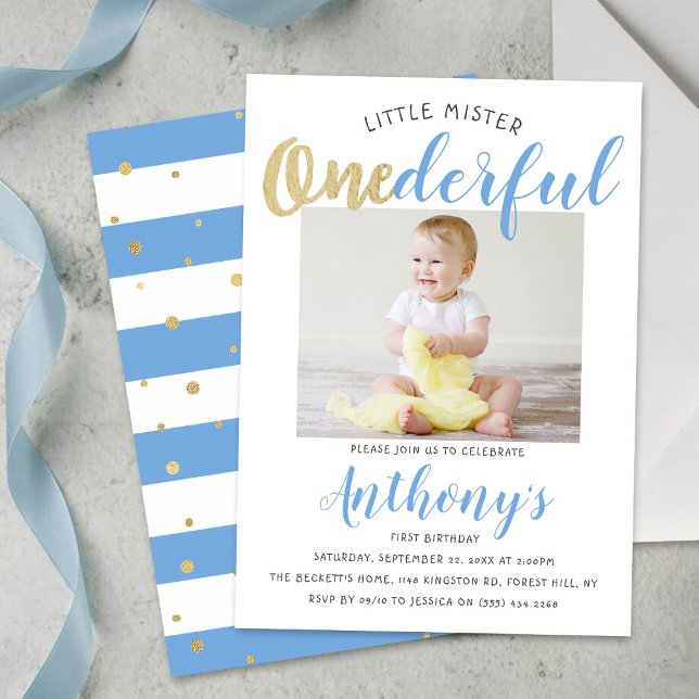 Little Mister Onederful Photo 1st Birthday Invitation (Creator Uploaded)