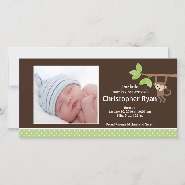 Little Monkey Baby Boy Birth Photo Announcement (Front)