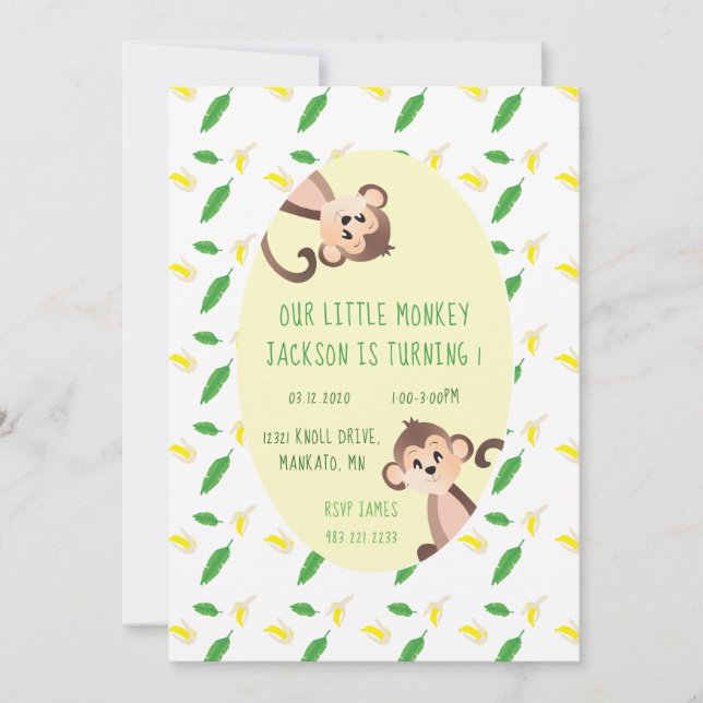 Little Monkey First Birthday Banana Peels Green Invitation (Front)