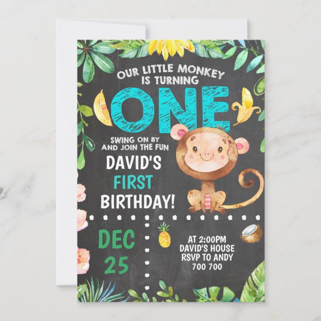 Little Monkey First Birthday Boy Party Invitation (Front)