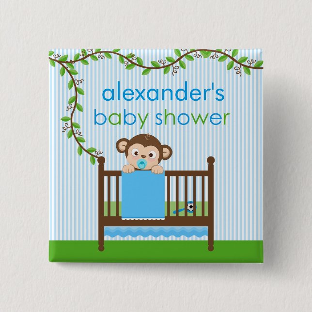 Little Monkey in a Crib Boy Baby Shower Button (Front)