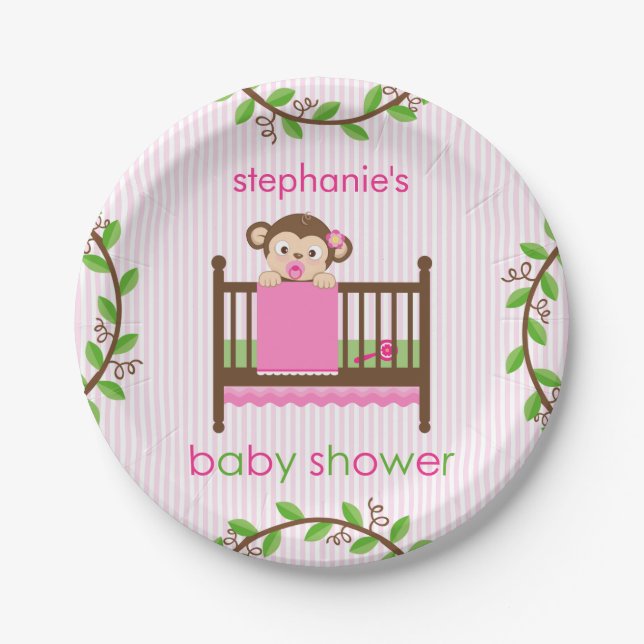 Little Monkey in a Crib Girl Paper Plate (Front)