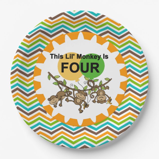 Little Monkeys 4th Birthday Paper Plates (Front)