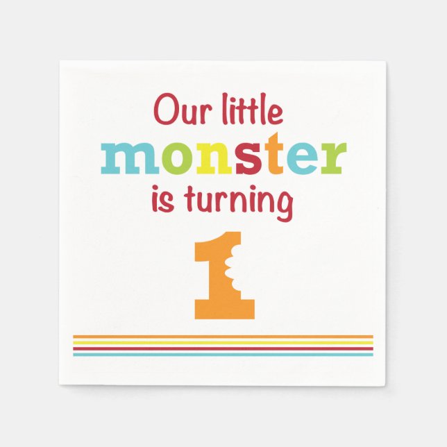 LIttle Monster 1st Birthday blue green stripe Napkin (Front)
