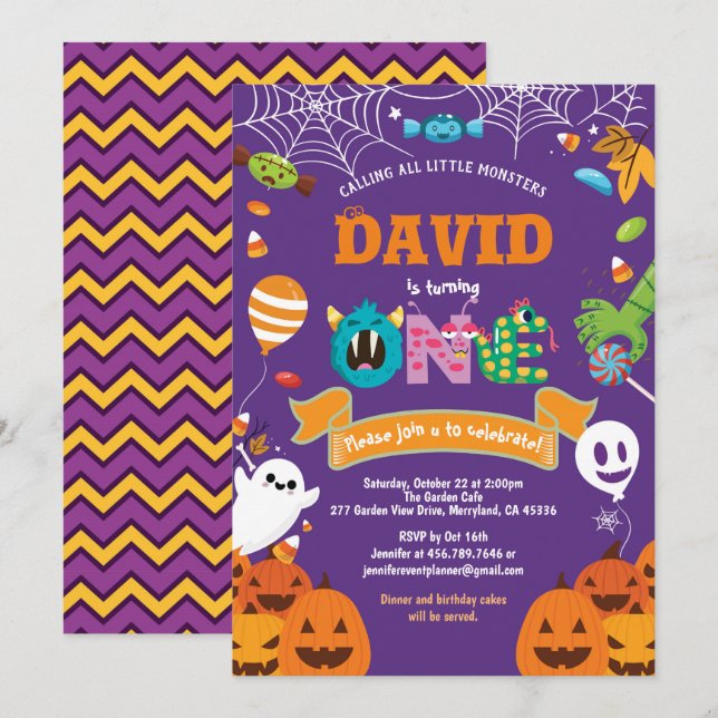Little monster 1st birthday party Halloween theme Invitation (Front/Back)