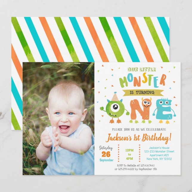 Little Monster 1st Birthday Party Invitations (Front/Back)