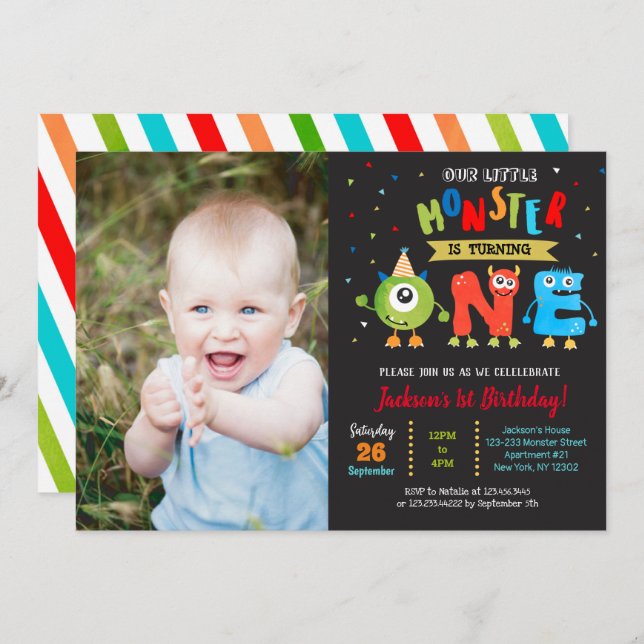 Little Monster 1st Birthday Party Invitations boy (Front/Back)