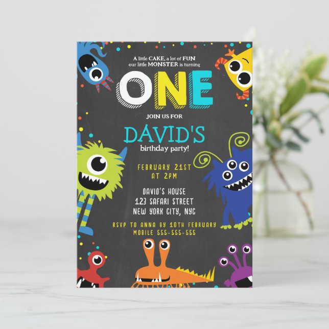 Little Monster Birthday Party Chalk 1st Birthday Invitation (Standing Front)