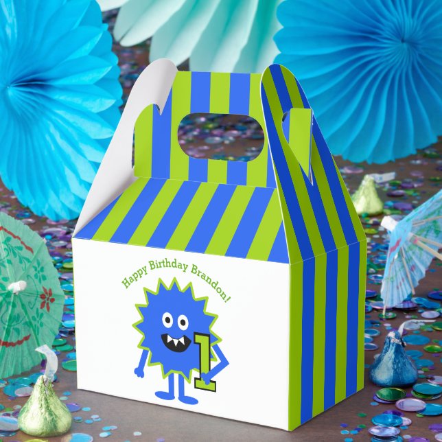Little Monster Boy 1st Birthday Blue Stripes Cute  Favour Box (Party)