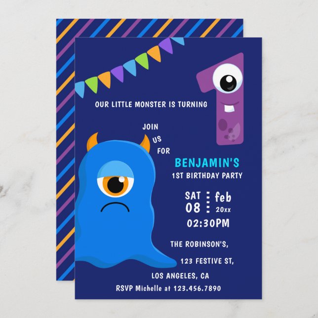 Little Monster Boy 1st Birthday Party Invitation (Front/Back)