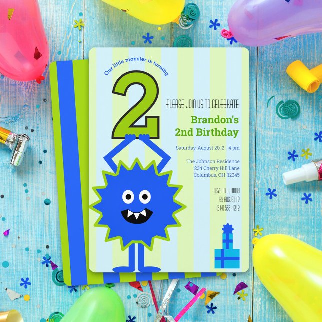Little Monster Boy 2nd Birthday Blue Green Stripes Invitation (Creator Uploaded)