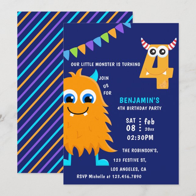 Little Monster Boy 4th Birthday Party Invitation (Front/Back)