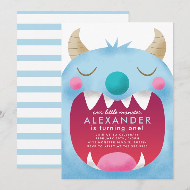 Little Monster Boys Birthday Party Blue Invitation (Front/Back)