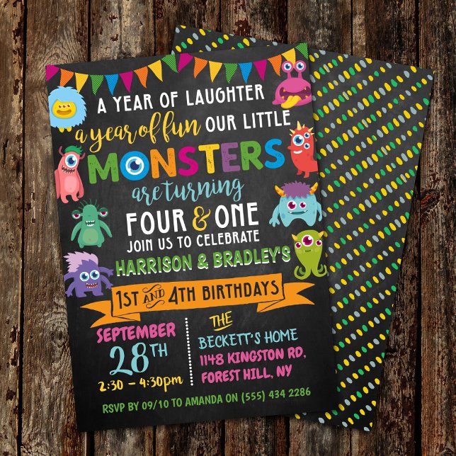 Little Monster Chalkboard 1st & 4th Joint Birthday Invitation (Creator Uploaded)
