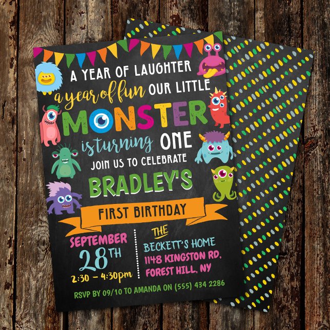 Little Monster Chalkboard 1st Birthday Invitation (Creator Uploaded)