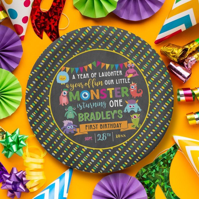 Little Monster Chalkboard 1st Birthday Party Paper Plate (Creator Uploaded)