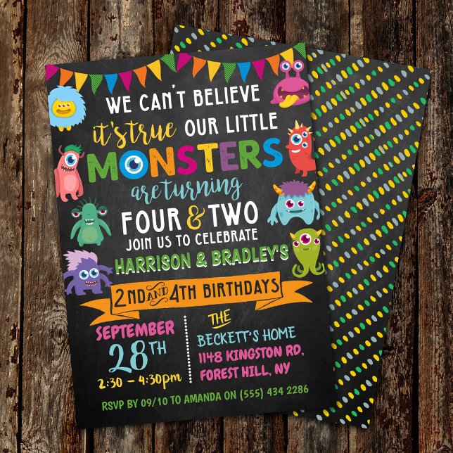 Little Monster Chalkboard 2nd & 4th Joint Birthday Invitation (Creator Uploaded)