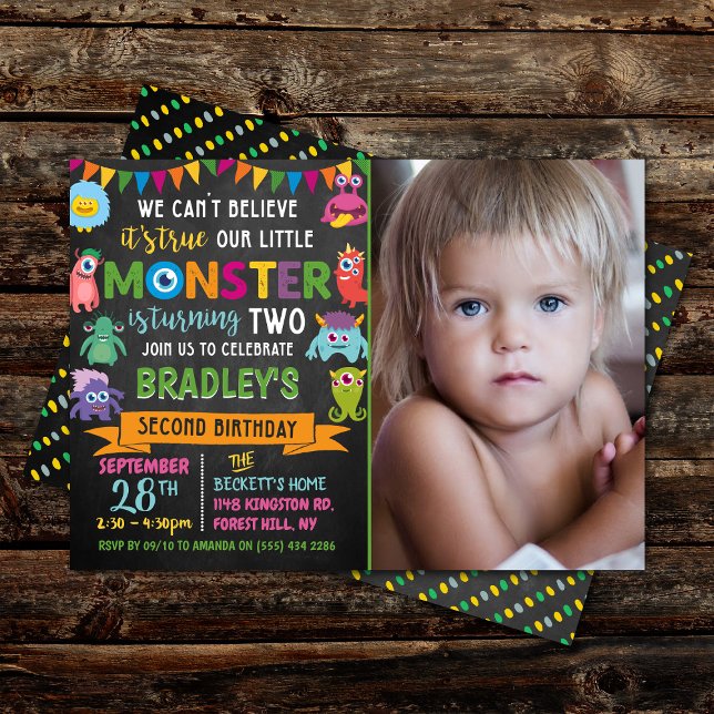 Little Monster Chalkboard 2nd Birthday Photo Invitation (Creator Uploaded)
