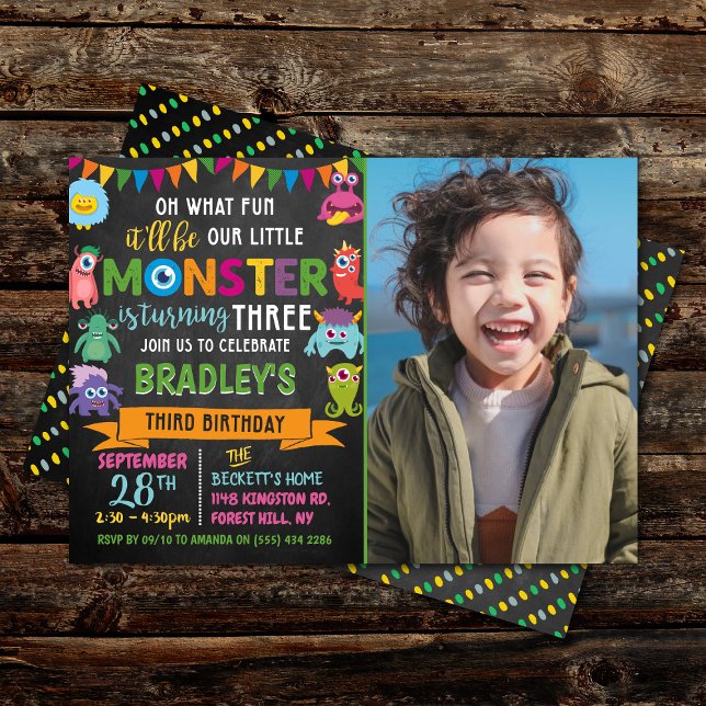 Little Monster Chalkboard 3rd Birthday Photo Invitation (Creator Uploaded)