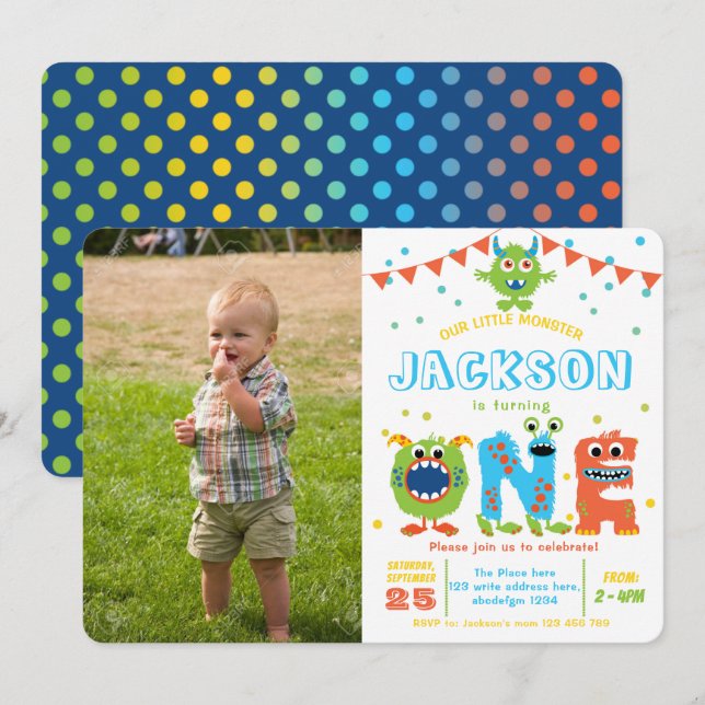 Little Monster chalkboard boy 1st birthday photo I Invitation (Front/Back)