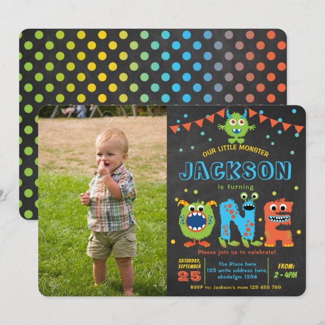 Little Monster chalkboard boy 1st birthday photo Invitation (Front/Back)