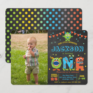 Little Monster chalkboard boy 1st birthday photo Invitation