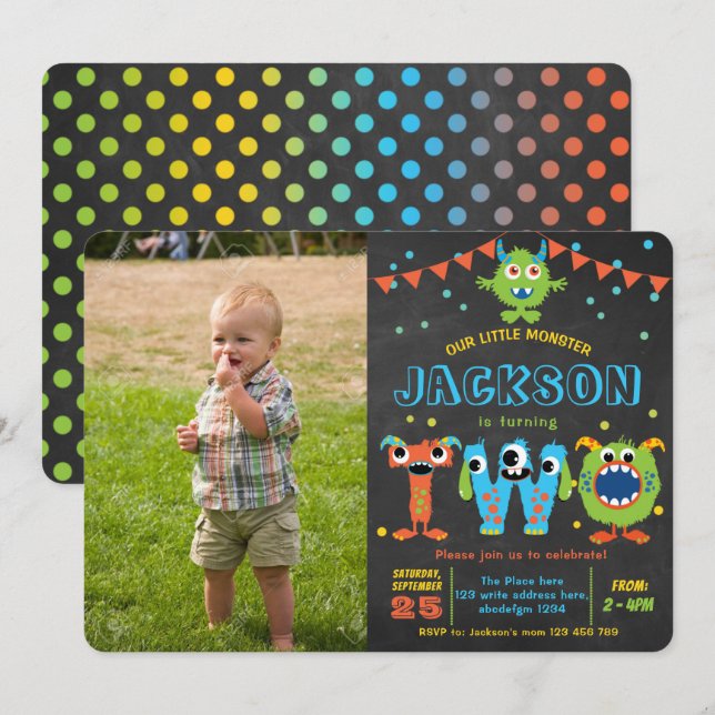Little Monster chalkboard boy 2nd birthday photo Invitation (Front/Back)