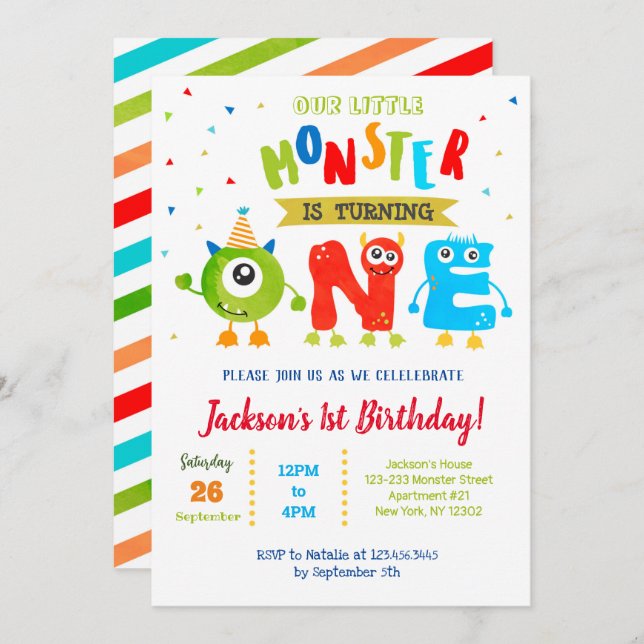 Little Monster First Birthday Party Invitations  (Front/Back)