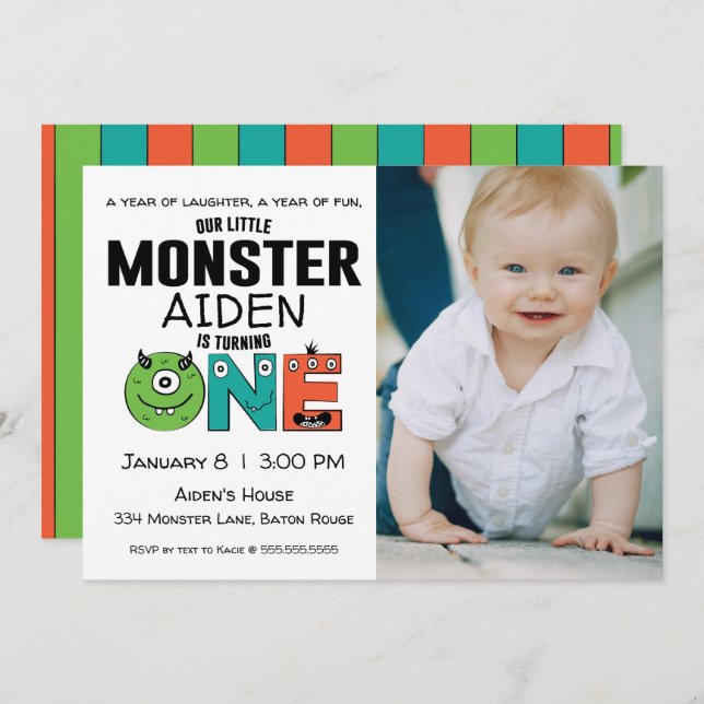 Little Monster First Birthday Photo Invitation (Front/Back)