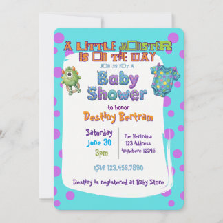 Little Monster on the Way, Blue Purple Baby Shower Invitation
