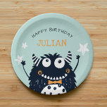 Little Monster | Personalised Kids Birthday Party Paper Plate<br><div class="desc">Designed to coordinate with our Little Monster birthday party invitations and accessories,  these monster themed paper plates feature a cute smiling monster wearing 
a dapper orange bow tie,  on a mint green background. Personalise with a custom message (shown with "Happy Birthday") and the birthday boy's name in the centre.</div>