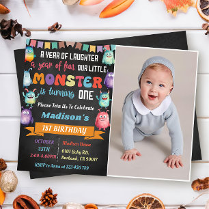  Little Monster Themed 1st Birthday Party Photo  Invitation