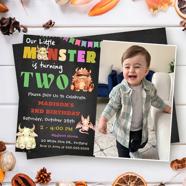  Little Monster Themed 2nd Birthday Party Photo  Invitation (Creator Uploaded)