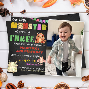  Little Monster Themed 3rd Birthday Party Photo Invitation