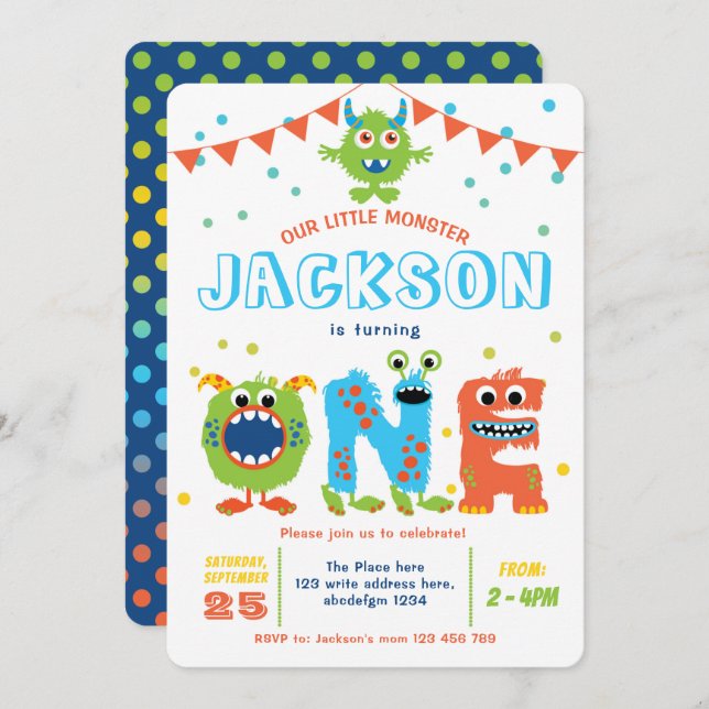Little Monster themed boy 1st birthday Invitation (Front/Back)