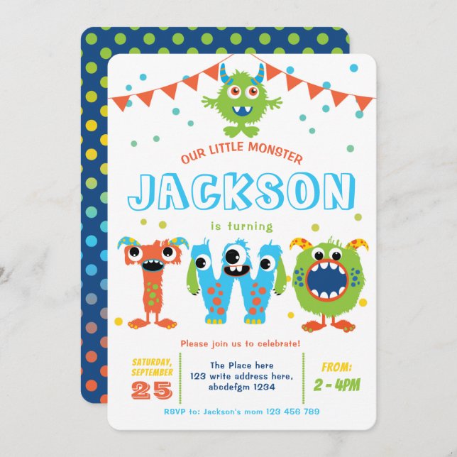 Little Monster themed boy 2nd birthday Invitation (Front/Back)