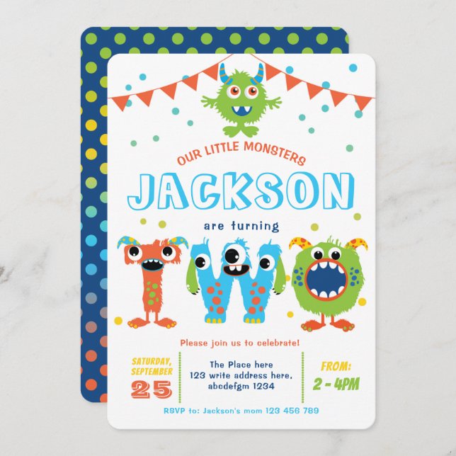 Little Monster themed twins boy 2nd birthday Invitation (Front/Back)