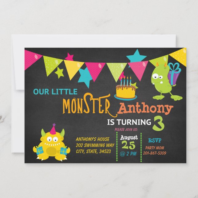 Little Monster Turning 3 Birthday Invitation (Front)