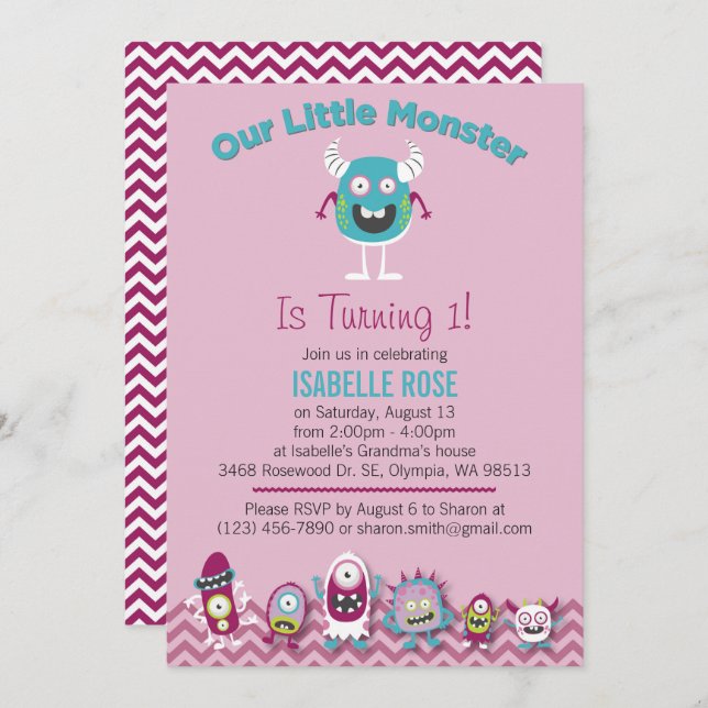 Little Monsters Girl Birthday Party Invitation (Front/Back)