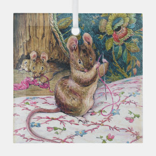 Little Mouse Threading a Needle Glass Tree Decoration