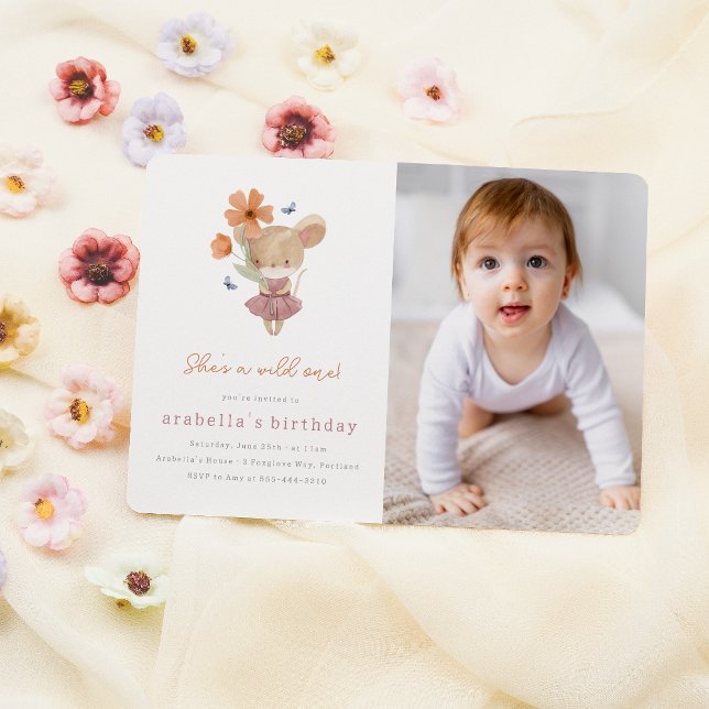 Little Mouse Wild One Flower Photo 1st Birthday Invitation (Card Mock-up)