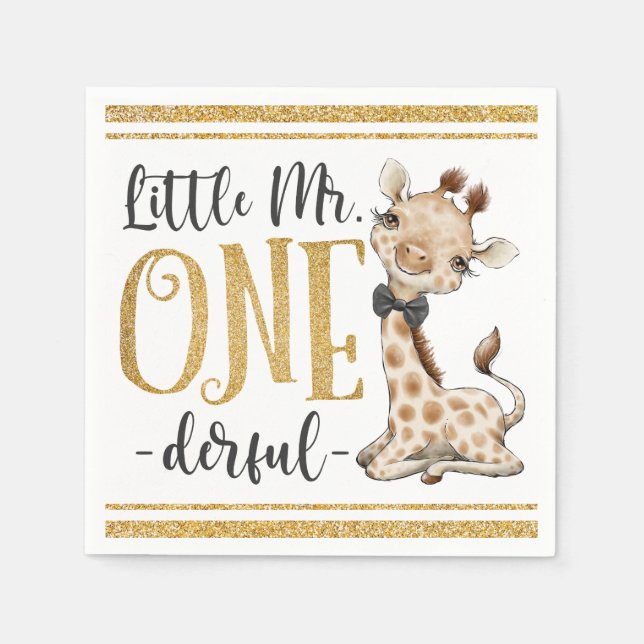 Little Mr. One Derful Cute Giraffe 1st Birthday Na Napkin (Front)