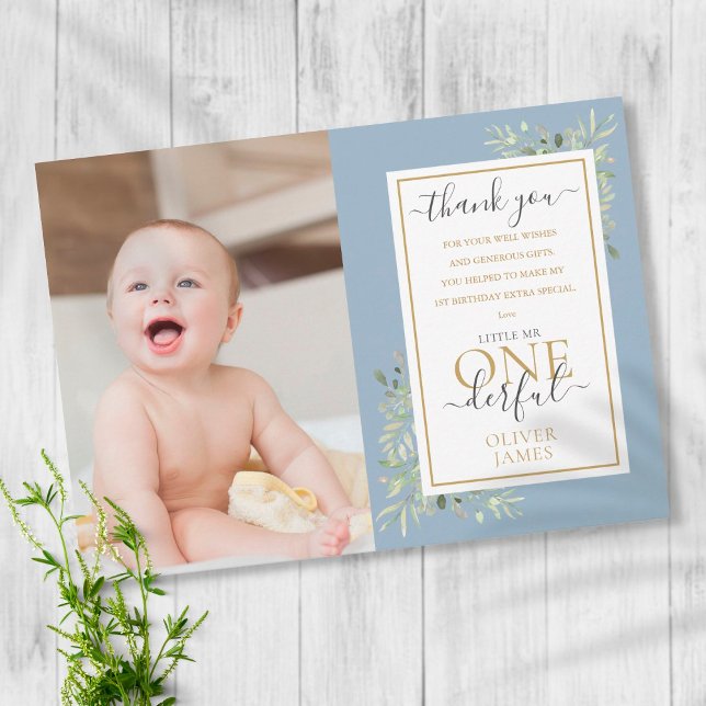 Little Mr ONEderful Blue Boy 1st Birthday Photo Thank You Card (Creator Uploaded)