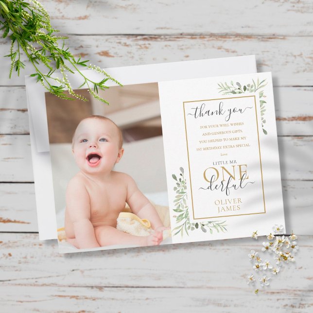 Little Mr ONEderful Boy 1st Birthday Cute Photo Thank You Card (Creator Uploaded)
