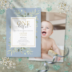 Little Mr ONEderful Boy Blue Photo First Birthday Invitation