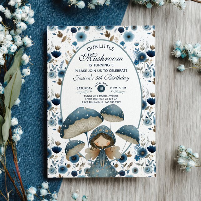 Little Mushroom Fairy Blue Kids' Birthday Party  Invitation (Creator Uploaded)