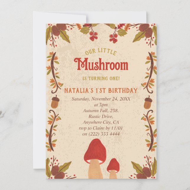 Little Mushroom Fall Autumn 1st Birthday Holiday Card (Front)